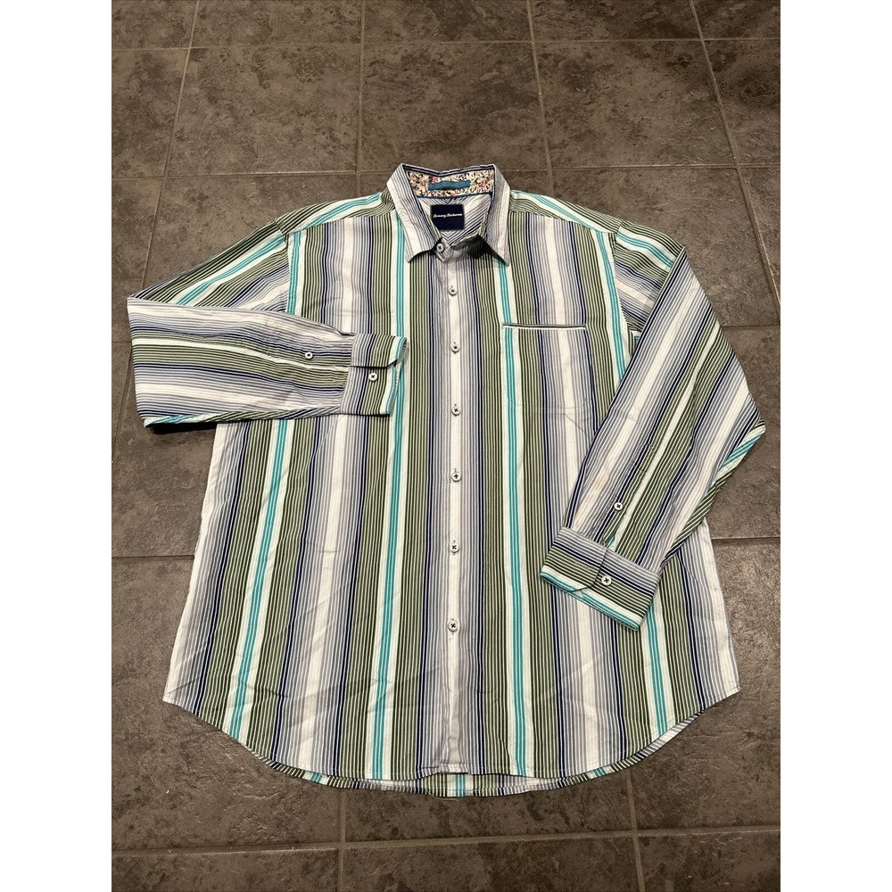 Mens Tommy Bahama Long Sleeve Button Up Shirt Stripes XL‎ Silk Blue Green
